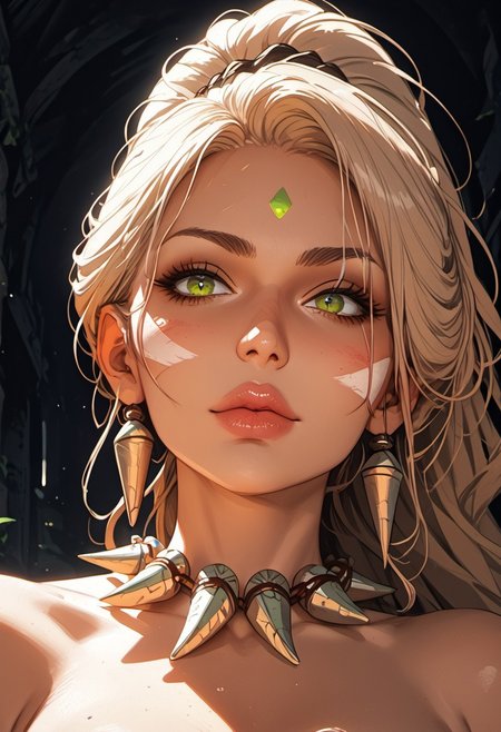 ((zPDXL3)), ((zPDXLxxx)), score_9, score_8_up, score_8, Science Fiction, Star Wars, perfecteyes, ultra detailed, high resolution, high quality, masterpiece, intricate details, intricate body, intricate landscape, knva, Expressiveh, European Instagram Model, upper body shot, low light, dungeon, ruins, green glow, black background, 
BREAK
1girl, solo, source_cartoon, mature female, NidaleeNormal, 1girl, solo, black ponytail hair, tanned skin, tribal marks on skin, tooth necklace, fang earrings, green eyes, emerald on forehead, loincloth, chest bandage, wooden spear, beautiful, full lips, looking at viewer, closed mouth,