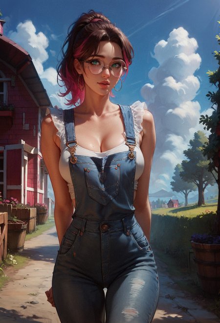 score_9, score_8_up, score_7_up, score_6_up, score_5_up, score_4_up,  1 girl, brown hair, ponytail,  multicolored hair, (pink hair highlights:0.8), farm girl, sexy farmer overalls, cleavage, round eyewear, glasses, streets, green eyes, solo, farm field, standing, arms behind back, (smiling:0.5)  <lora:sdxl\Concept Art Twilight Style SDXL_LoRA_Pony Diffusion V6 XL:0.8>, concept art, realistic, <lora:sdxl\Expressive_H-000001:0.8>, expressiveH <lora:sdxl\pony_OldAnimeStyle_XL_v3:0.4>, 1990s \(style\), vintage <lora:sdxl\sinfully_stylish_SDXL>