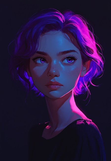 score_9, score_8_up, score_7_up, score_6_up, score_5_up, source_anime, 1girl, closeup portrait, mysterious, purple eyes, purple hair, s1_dram, glow, black background