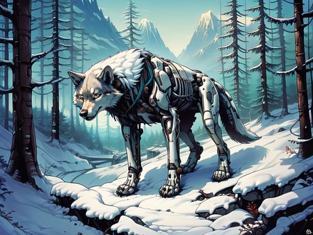 score_9, score_8_up, score_7_up, score_6_up,  <lora:cyb0rgXLP:0.8> cyb0rg, science fiction, cable, mechanical parts, forest, scenery, mountains, wolf, feral, snow