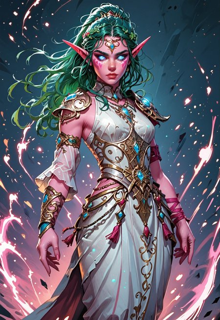 ((zPDXL3)), ((masterpiece,best quality, highly detailed)), ((score_9)), score_8_up, score_7_up, score_6_up, score_5_up, score_4_up, Digital painting style, brushstrokes, ((EnhanceImage)), solo, 1girl, TyrandeWoWXL, pink skin, colored skin, blue eyes, glowing eyes, green hair, long hair, hair ornament, ponytail, forehead ornament, long eyebrows, long pointy ears, large breasts, armor, jewelry, detached sleeves, single sleeve, single shoulder armor, white dress, single armlet, single guantlet, armored footwear, toeless footweear, hourglass figure, small waist, wide hips, 
Expressiveh, 30yo, adult lustful confident woman, petite, slender body, perky saggy natural breasts, full lips, bangs, sidelocks, straps,
chinese magical sorceress, animated, swirling magic, wisps of magic, dancing pose, tight squeezed outfit, magical accessories, evoking motion, conveying motion, dynamic splash art, 
<lora:PainterlyFantasiaPDXL:0.6>,