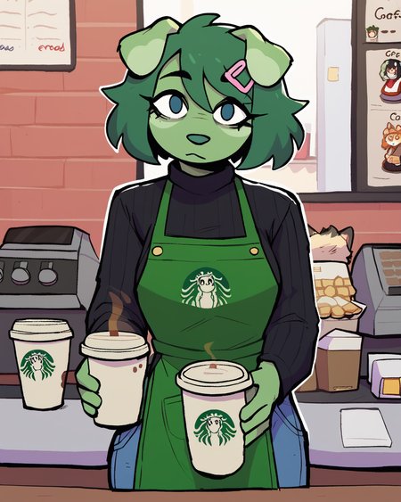 score_9_up, score_8_up, score_7_up, score_6_up, by remanedur, medium breasts, green hair, dog, green body, green fur, female, looking at viewer, hairclip, jeans, apron, barista, solo, black long sleeves, black sweater,  short hair, neutral expression, holding coffee cup, coffee cup, coffee,  three-quarter view, head tilt, coffee shop, starbucks,  <lora:Leah_Pines(AIM)_XL_v1:0.15> <lora:PDXL_artist_tags_v2_big:0.5> <lora:The-Minuscule-Task_PDXL_v1.0:0.6>   <lora:Evie_eviex_01:0.8>