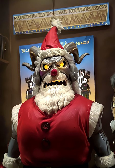 r0b0t_s4nta_c1aus, robot santa claus vs krampus, robot santa on the left, and krampus on the right,dramatic face-off, intense boxing poster, epic anime movie poster
