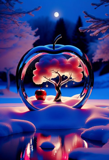 fantasyworld. summerlandscape inside. 
perfection style, simple background, focus on apple. apple lying on snow. outdoor. winter. snowlandscape. night. moon in background.
perfection style, vivid colors, colorful, vivid background, midjourneyv6.1, translucent, transparent, futuristic, metal adorning, glowing color inside, hollow inside, glossy sparkling, stars