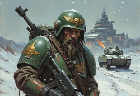 The image is a digital painting depicting a rugged,brutal bearded man in a warhammer 40k military uniform. He is wearing a green helmet adorned with a shiny golden emblem featuring a skull and wings, suggesting a connection to a specific military unit or faction. The helmet has a visor, which is slightly raised, revealing his intense expression. Snowflakes are visible in the air, indicating a cold, wintry environment. 
The man's armor  is predominantly green and scratched , suggesting he is experienced warrior. He carries a large, black rifle slung over his shoulder, with the butt resting on the ground, and the barrel pointing towards the left side of the image. His face is covered with a thick beard, and his eyes are focused intently forward, conveying a sense of determination and fury.
The background features a battle tank with large, snow-capped advanced military base in the distance. The snow is falling heavily, creating a sense of urgency and isolation. The colors in the painting are muted and cold, with shades of green, grey, and white dominating. The overall mood is one of tension and resilience in a hostile environment. colorful, vibrant colors,color contrast,light particles, high saturation,deep rich colors,vivid colors,shimmer,dramatic,centered,depth of field,directional lighting,godrays,(close-up),warhammer 40k universe, ultra detailed,