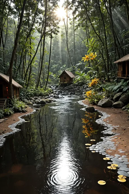 photo, photography, Fujifilm XT3 Viltrox, ((very detailed)), sharp focus, sharp background,  best quality, beautiful landscape, rainforest, jungle, sacred earth, stream, water ripples reflections, (small river pond), rainforest, hut, tribal amazon village, stunning nature environment, (bright sunny sky), high contrast, cinematic (lights), backlight, shadows, lens flare, vibrant colors, colorful, Road Sign Yellow flowers and leaves,  <lora:add-detail-xl:1>  <lora:Better Blur Control:1>