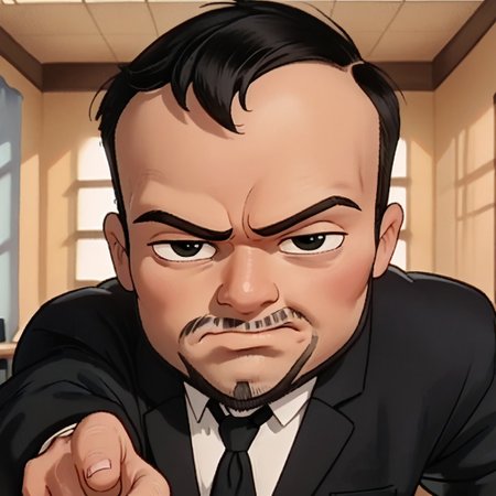 score_9, score_8, score_7, 1boy, solo, chibi, light black hair, straight bangs hair, light black eyes, disgust, light black necktie, formal, light black suit, light black hoodie uniform, light black pants, light black shoes, double pointing at viewer, office, upper body