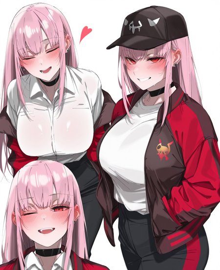 <lora:carrot_011:1> carrot_011,
(masterpiece), (best quality), (ultra-detailed), amazing quality, very aesthetic, illustration, perfect composition, intricate details, absurdres, incredibly absurdres, shiny skin, realistic,
 carrot_011, mori calliope, 1girl, long hair, pink hair, virtual youtuber, red eyes, multiple views, blush, breasts, jacket, smile, white background, large breasts, open mouth, one eye closed, heart, pants, hat, teeth, white shirt, shirt, black pants, closed eyes, looking at viewer, red jacket, simple background, black jacket, official alternate costume, jewelry, mori calliope, sensitive