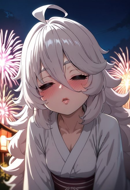 score_9, score_8_up, score_7_up, Shadwo, closed eyes, white_hair, grey_hair, very_long_hair, messy_hair, hair_between_eyes, ahoge, grey eyebrows, small_breasts, bags_under_eyes, pink lips, blushing, head tilt, leaning forward, kissing viewer, pink and white kimono, from in front, night, fireworks, (masterpiece), (absurd detail), (high quality), (4k), (absurdres), (best quality), (ultra-detailed)