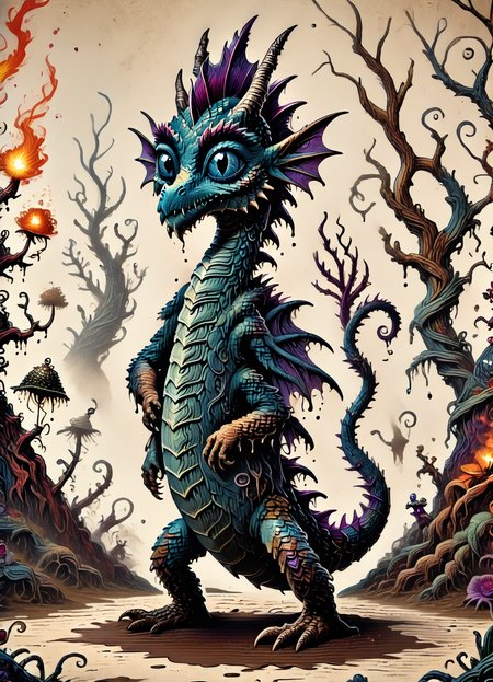 DonM5by55Pr1n7XL, score_9, score_8_up, score_7_up, score_6_up, abysal, 2d illustration, a mythical tidal fire bipedal  European Dragon, mud skin, tail barb, bony head,      ,  rating_safe  <lora:DonM5by55Pr1n7XL-pony:1.1>