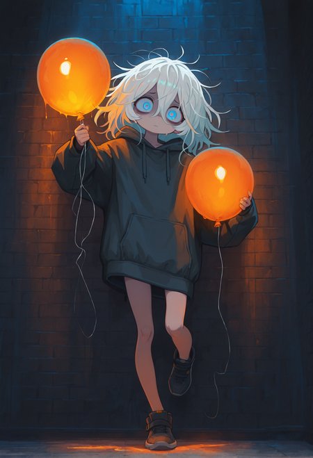 masterpiece, best quality, amazing quality, very aesthetic, absurdres,  newest,, cute, 1girl,  messy white_hair, black brick wall background, holding_balloon, orange ballons,  hoodie, big eyes, blue eyes, LeIsT0_illu, standing on one leg, volumetric lighting