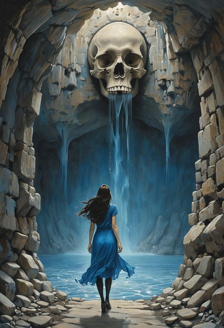 (water-colored), illustration, style of Jessica Galbreth,
(far view, far shot, rear view, facing away:1.3),
(Alice, very long dark brown hair,  hair rim lighting, hair in the wind, blue short dress with short sleeves, black tights, black shoes:1.5), 
fog, dreamy, dream, walking,  lights,  Maurits Cornelis Escher,
(cave, water, totem, bones, skulls, catacombes,:2)