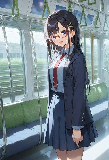 score_9, score_8_up, score_7_up, rating_safe, masterpiece, best quality, absurdres, unity 8k wallpaper, official art, official style, source_anime, game cg, megami magazine,  glasses,
1girl, solo, glasses, black hair, long hair, blue eyes, collared shirt, red necktie, pleated skirt, blue skirt, standing, smile, closed eyes, open mouth,  looking at viewer, 
e235, seat, close-up, scenery, rain, window, train interior, night, indoors, 
<lora:E235_PONY_V1:1>