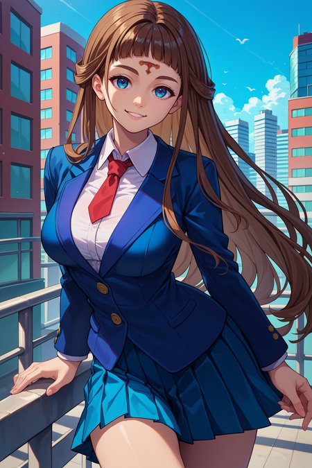 score_9, score_8_up, score_7_up, score_6_up, source_anime, 1girl, solo, <lora:vpshiho-pdxl-nvwls-v1-000005:1> shiho, brown hair, long hair, blue eyes, forehead mark, large breasts, blue blazer, blue pleated skirt, red necktie, white collared shirt, blue sky, city, looking at you, smile