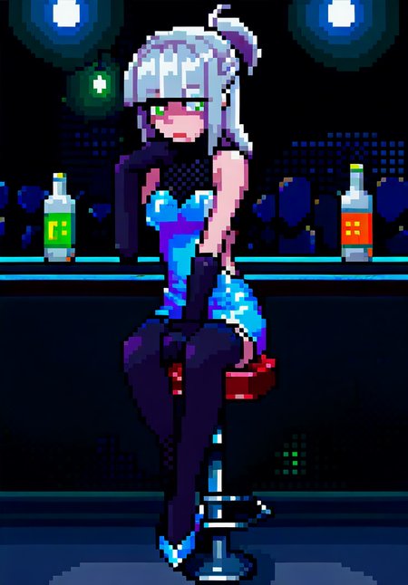 score_9, score_8_up, score_7_up, night club, lamps, night, crowd,nightclub,rave,spotlights,crowded, 1girl, green eyes, slit pupils, white hair, half updo, medium hair, hime cut, medium breasts, skinny, claws, sitting on bar stool, bar counter, front view, looking at viewer, showing panty, skirt up, white lace panty, wisky bottle, drunk, drunked, bubles, holographic, backless dress, short dress, holographic dress, long gloves, black stockings, stiletto shoes, good hands, <lora:Ehohinstyle:1>, ehohin 
 <lora:merged_pixel_base_model_svd:1> <lora:choutenchan_pixel_dotpict:1>