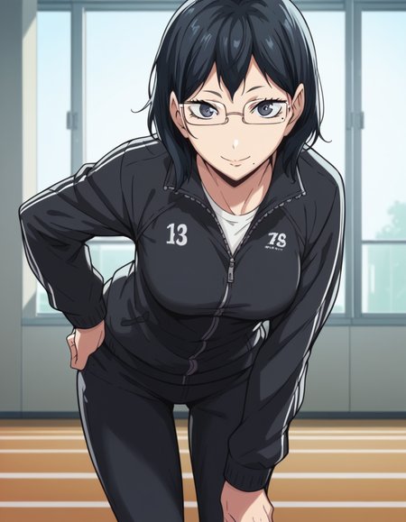 score_9, score_8_up, score_7_up, source_anime, <lora:kiyoko-shimizu-s2-ponyxl-lora-nochekaiser:1> kiyoko shimizu, medium hair, black hair, glasses, mole, black eyes, mole under mouth, medium breasts,, jacket, pants, track jacket, track suit, black jacket, black pants,, indoors, bent over, smile, looking at viewer, solo,, cowboy shot, dutch angle