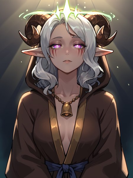 source_furry, score_7_up, rating_safe, cowboy shot, gold necklace, tiefing, short pointed ears, brown horns, (a pair of brown sheep Horns that begin at her temples and curve back: 1.5), bangs, long silver hair long wavy hair, pale skin, <lora:whisker_markings:0.8>red whisker_markings ,short pointy ears, purple eyes, <lora:age_slider_v4:0.6>   medium breasts, skinny female, close up, silver hair, <lora:Tieflingnew weird fantasyDND:0.3> Tiefling, pointed ears, horns, <lora:Smooth Style 2 SDXL_LoRA_Pony Diffusion V6 XL:0.5> bell, robe, hood off,
spotlight,
 <lora:Crown_of_Madness:0.8> glowing crown:0.7, (blue  light):1.3,  hypnosis, half-closed eyes, exciting