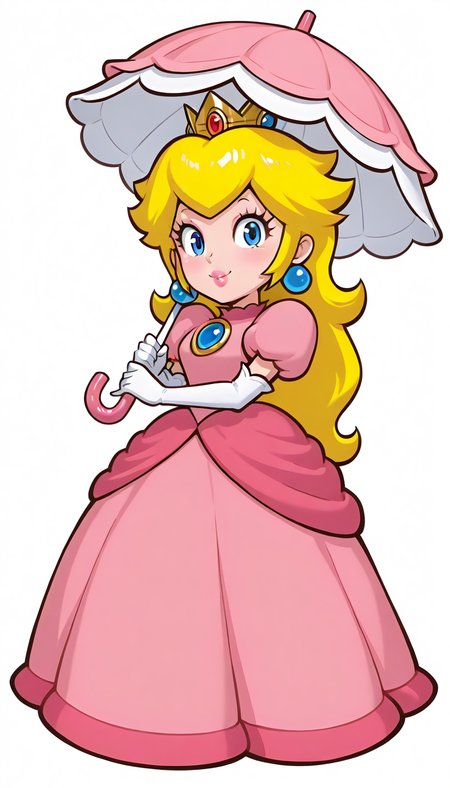 peach1x, royaldress, smile, holding umbrella, white background <lora:Princess_Peach_ILL:1>