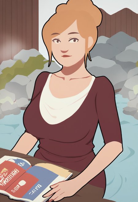 score_9, score_8_up, score_7_up, 1girl, mature_female, large_breasts, portrait, solo, looking_at_viewer, open_eyes, Posing as if holding a large book, dutch_angle, (Maroon breastless clothes), straight hair, wedge, Strawberry Blonde hair, onsen, portrait, rating_safe, <lora:pony\artist_styles\gee_seki_pony:1.0>