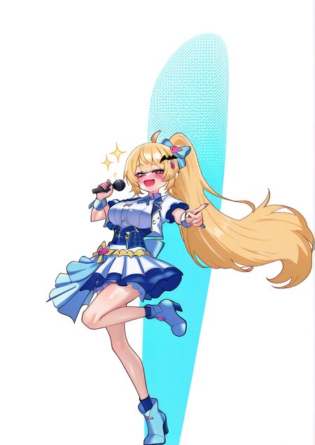 <lora:oldsickkim:1.2>,1girl, yozora mel, huge breasts, :d, ahoge, alternate hairstyle, ankle boots, back bow, bat hair ornament, beads, blonde hair, blue bow, blue corset, blue footwear, blue gemstone, blue ribbon, blue sash, blue skirt, blush, boots, bow, breasts, buttons, collared jacket, corset, cropped jacket, curly hair, double-parted bangs, dress shirt, fang, footwear bow, frilled skirt, frills, full body, gem, gold bow, gold ribbon, gold trim, hair bow, hair ornament, hairclip, half-skirt, heel up, high heel boots, high heels, holding, holding microphone, idol, idol clothes, jacket, lapels, large bow, leg up, long hair, looking at viewer, microphone, neck ribbon, notched lapels, official alternate costume, open clothes, open jacket, open mouth, outstretched arm, overskirt, pink gemstone, plaid, plaid bow, pointing, pointing at viewer, puffy short sleeves, puffy sleeves, red eyes, ribbon, sash, shirt, short-sleeved jacket, short sleeves, skin fang, skirt, smile, solo, sparkle, standing, standing on one leg, star ornament, striped bow, striped ribbon, striped sash, tachi-e, two-sided fabric, underbust, waist bow, white bow, white jacket, white sash, white shirt, white skirt, white wrist cuffs, wrist cuffs, yellow bow,  very awa, masterpiece, best quality,highres, absurdes,amazing quality