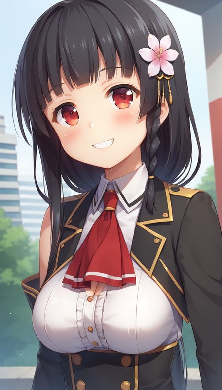 score_9,score_8_up,masterpiece,best quality,correct anatomy,anime_source,1girl,solo,alone,perfect eyes,perfect arms,perfect legs,perfect face,outdoors,upper body,(portrait:1.5),looking at viewer,facing viewer,smile,blush,age down,(petite:1.5),Tanegashima Wakasa,very long hair,black hair,low ponytail,side braid,single braid,hair ornament,hair flower,sidelocks,blunt bangs,red eyes,detached collar,red ascot,cleavage cutout,black jacket,cropped jacket,white shirt,double-breasted,detached sleeves,black gloves,large breasts,skindentation,miniskirt,red skirt,pleated skirt,lace trim,black thighhighs,zettai ryouiki,lace-trimmed thighhighs,knee boots,white footwear,<lora:Tanegashima Wakasa(jcb)-Pony:1.2>,