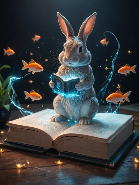 amazing quality, masterpiece, best quality, hyper detailed, ultra detailed, UHD, perfect anatomy, magic world, (bunny and fish:1.4), fish in the air, spell magic to get fresh fish as food,( fish jumping from magic book:1.3), energy flow, a full body of a cute bunny, kawaii, wearing witches robe, witches hat, holding magic book, magic book on one hand, spell magic, <lora:add-detail-xl:1.0>, extremely detailed, <lora:glowneon_xl_v1:0.75> glowneon, glowing