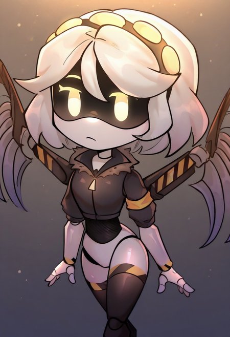 (masterpiece, high quality, highly detailed, best quality), SD-V, 1girl, solo, robot girl, humanoid robot, robot joints, hairband, short white hair, yellow eyes, solid circle pupils,fur-trimmed black jacket, armband, mechanical wings,
chibi girl, small