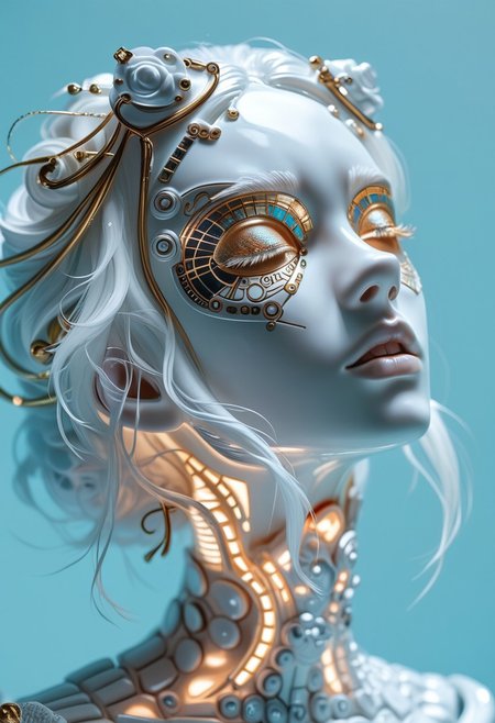 score_9, score_8_up, score_7_up, BREAK,a hyperrealistic, futuristic portrait of an beautiful young woman with luminescent, porcelain-white skin, her face tilted back in an expression of serene euphoria; their platinum-white, slightly tousled hair bob with sharp bangs catches the light, individual strands visible against a striking, deep electric blue background; soft, diffused lighting accentuates the ultra-smooth yet hyper-detailed skin texture, revealing fine pores and delicate creases; their closed eyes and slightly parted lips convey a sense of transcendence and dreamlike introspection; the composition is captured from a low-angle perspective, emphasizing the elegant contours of their elongated neck and sharp jawline; the overall aesthetic blends high-fashion editorial photography with cyberpunk surrealism, evoking a futuristic, almost post-human beauty. The hyper-detailed skin texture, including visible pores and fine creases, adds a photorealistic element despite the surreal color grading.The image is dominated by cool tones—pale silver-white skin contrasts starkly with the vibrant, deep blue background. ctdrm, dreamy