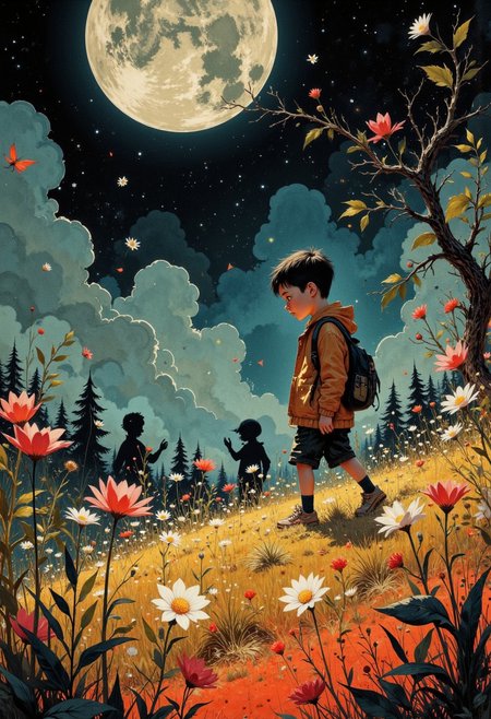 Create a beautifully detailed drawing capturing a fantastical world infused with nostalgia and shadowy intrigue. The style features clean, confident outlines with soft watercolor washes, balancing warmth and accessibility with intricate detail. The palette contrasts muted tones—warm ochres, soft reds, creamy whites—with stark, inky blacks, creating a dramatic interplay of light and shadow that evokes both innocence and mystery. The atmosphere blends vintage children’s book charm with an eerie undertone, as if balanced between reality and a shadowy dreamscape.
Characters should have naturalistic proportions and subtle expressiveness, their features gently exaggerated to reflect curiosity, resilience, or vulnerability. Dynamic shadow puppet figures may emerge in the background, their silhouettes adding to the narrative and reinforcing the duality of light and shadow. The focus will be on a specific subject—Crossing a field bathed in pale moonlight, Henry walks among shadowy flowers swaying rhythmically, their faintly glowing petals casting soft reflections on the ground. The eerie stillness is broken only by a quiet, haunting melody that seems to come from nowhere—carefully integrated into the scene. The composition is grounded yet surreal, seamlessly merging whimsical simplicity with haunting, thought-provoking detail to invite wonder and introspection.