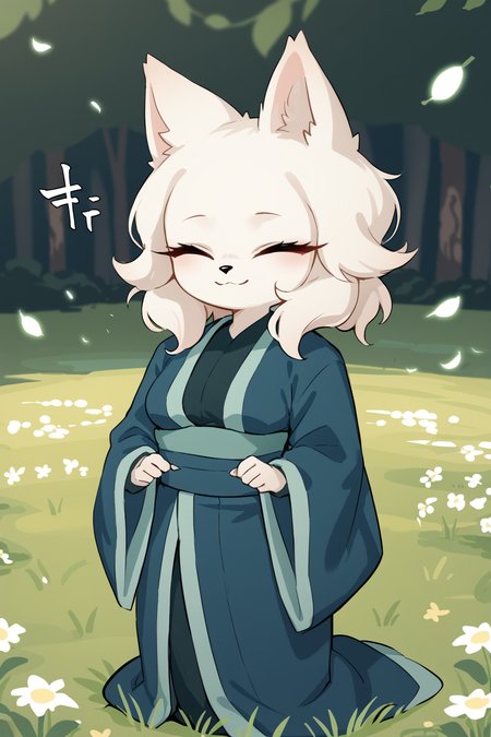 score_9, score_8_up, score_7_up, score_4_up, score_5_up, score_6_up, source_anime, <lora:Heng_Nine_Sols:0.7>, furry, anthro, body fur, white fur, fluffy fur, animal nose, large eyes, narrowed eyes, long eyelashes,  animal ears, medium breasts, grass, looking at viewer
skindentation, kimono, robe, cloak,
(gratitude, (joyful ^_^ happy delighted blissful:1.1) , closed eyes, opened mouth, smile, ),