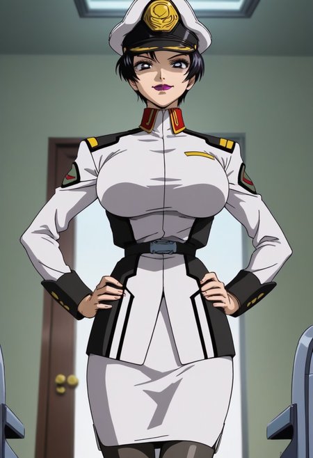 score_9, score_8_up, score_7_up, zPDXL3, Expressiveh, source_anime, anime screencap, anime coloring, natarle, 1girl, solo, blue sky, purple eyes, black hair, short hair, purple lips, perfect face, detailed face, perfect lips, ultra-detailed eyes, detailed hair, (perfect anatomy, perfect proportions), huge breasts, ultra-narrow waist, ultra-fit figure, ultra-flared hips, shapely legs, peaked cap, military uniform, skirt, pantyhose, boot, indoors, detailed backgrounds, science fiction, naval ship interior,naval warship interior, no windows, opened hatch door, standing in the doorway, narrow corridors, hands on hips, watson cross, contraposto, confident, smirking, looking at viewer, viewed from below, breasts focus