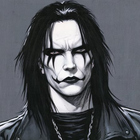 comic book art of  <lora:graphic novel style:1.2>
Eric Draven choppy hair a closeup drawing of a sad man with long hair In graphic novel style, comic art, graphic novel illustration
