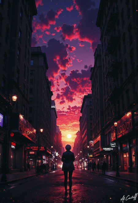 A woman with short, spiky silver hair and a leather jacket stands in a deserted alleyway at sunset, looking out at the cityscape. She is silhouetted against a vibrant purple and orange sky, with the sun a bright orange disc below her. Her arms are crossed and she appears to be lost in thought. The air is filled with tiny, glowing sparks that seem to be coming from the streetlights, casting a magical glow over the scene. The city's skyscrapers loom in the background, their windows reflecting the colorful sky., fg<lora:CustomFlux/MysticFantasy.safetensors:0.25000000000000006:0.25000000000000006> <lora:CustomFlux/MysticRealism.safetensors:1.0000000000000002:1.0000000000000002> <lora:Flux/Stylized-Super-Texture.safetensors:0.6000000000000001:0.6000000000000001>