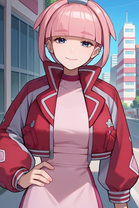 score_9, score_8_up, score_7_up, score_6_up, source_anime, 1girl, solo <lora:pkmnmollie-pdxl-nvwls-v1-000005:1> mollie, pink hair, blunt bangs, short hair, blue eyes, hairband, ear piercing, red jacket, cropped jacket, pink dress, pink skirt, black pantyhose, looking at you, smile, blue sky, city, hand on hip, upper body, closed mouth, happy, tired, big breasts