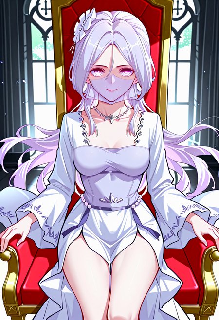 Chu_Qingcheng_IL,1girl,long purple hair,wavy hair,Soft wavy strands,hair ornament,parted bangs,purple eyes,hair between eyes,necklace,medium breasts,soft light purple veil,white dress,layered dress,pearl accents,high slit dress,wide sleeves,ornamental belt,waist gems,<lora:Chu_Qingcheng_IL:1>,
(Character),score_9_up,score_8_up,score_7_up,(Anime_source),Masterpiece,(Anime_source),Masterpiece,(incredibly detailed:1.4),slim,sitting on throne,castle room background,purple aura,glowing purple eyes,evil smile,looking at viewer,