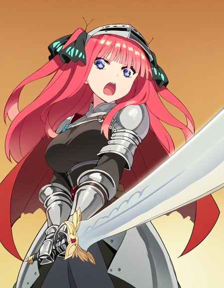score_9, score_8_up, score_7_up, source_anime, <lora:nnakano-s2-ponyxl-lora-nochekaiser:1>, long hair, bangs, blue eyes, hair ornament, hair ribbon, pink hair, blunt bangs, two side up, butterfly hair ornament, large breasts, anime screencap, <lora:sunrise-stance-ponyxl-lora-nochekaiser:1>, sunrise stance, weapon, sword, solo, open mouth, holding weapon, holding, holding sword,, <lora:knight-ponyxl-lora-nochekaiser:1>, knight, armor, cape, shoulder armor, gauntlets, helmet, pauldrons, red cape,,