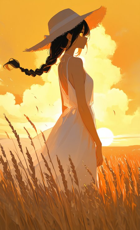 masterpiece, best quality, good quality, very awa, newest, highres, absurdres, 1girl, solo, long hair, black hair, braid, braided ponytail, standing, floating hair, white dress, sun hat, sleeveless dress, outdoors, sunset, sky, cloudy sky, wind, scenery, field, orange sky, orange theme, yellow sky, wheat,
from side, profile,
yellow theme, Back Lighting, xxx667_illu, glowing, tfaix, <lora:illustriousXL_stabilizer_v1.23:0.3> <lora:NOOB_vp1_detailer_by_volnovik_v1:0.3> <lora:ponyv6_noobE11_2_adamW-000017:0.3> <lora:96YOTTEA-WAI:0.5> <lora:XXX667:0.5> <lora:HaradaTakehitoIXL_v3:0.8>