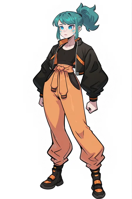 1girl, teal hair, ponytail, swept bangs, cyan cheek markings, flat chested, pale skin, very tall, skinny, blue eyes,
large cropped black jacket with orange accents, orange trims, orange and grey jumpsuit tied at waist, black croptop, black trainers
simple white background, (full body),static pose,
masterpiece, best quality, newest, absurdres, highres, sensitive <lora:GGS:0.6> <lora:namukijpg_ill:0.4> <lora:LennaILXL:1> lennaOC