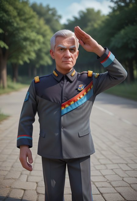 score_9, score_8_up, score_7_up, (best quality:1.1), ultra-detailed, high resolution, 8k, Commander, white hair, serious, gray military uniform, salute, black pants, military base, BREAK outside, Rich, Detailed background, ambient light