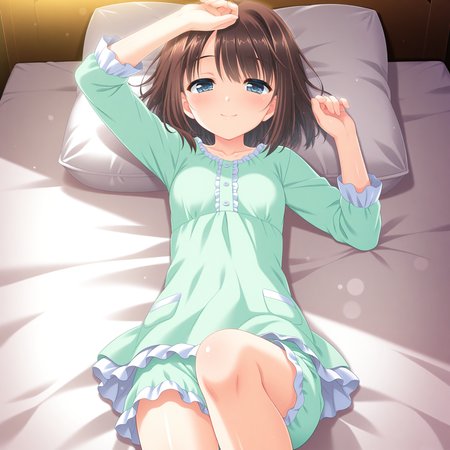<lora:Seguchi_Mahiru_1_nai-000041:1>,Seguchi Mahiru,
frills,green pajamas,
BREAK
1girl,solo,smile,on bed,lying,on back,front view,looking at viewer,arm above head,straight-on,knee up,