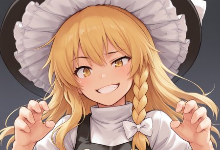 best quality, masterpiece,
looking at viewer, tachi-e,
1girl, kirisame marisa, grin, smile, raised eyebrow, hands up,