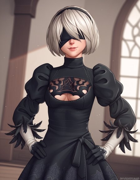 score_9, score_8_up, score_7_up, source_anime, <lora:2b-ingame-ponyxl-lora-nochekaiser:1>, 2b, yorha no. 2 type b, short hair, white hair, hairband, mole, black hairband, mole under mouth, blindfold, covered eyes, black blindfold,, gloves, long sleeves, dress, puffy sleeves, black dress, clothing cutout, cleavage cutout, juliet sleeves, feather-trimmed sleeves,, indoors, smug, smile, looking at viewer, solo, hands on hips,, cowboy shot, dutch angle