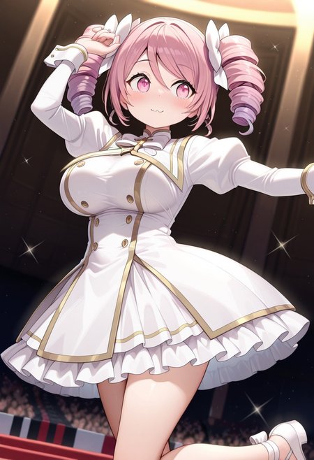 masterpiece,extremely detailed,best quality,amazing quality,newest,absurdres,highres, super detailed skin,1 girl solo,dkpino, pink hair, twin drills, short hair, pink eyes, hair bow, white bow, large breasts, white dress, gold trim, juliet sleeves, wrist cuffs, frilled dress, white bowtie, white shoes,cute, adorable, dancing , a-pose