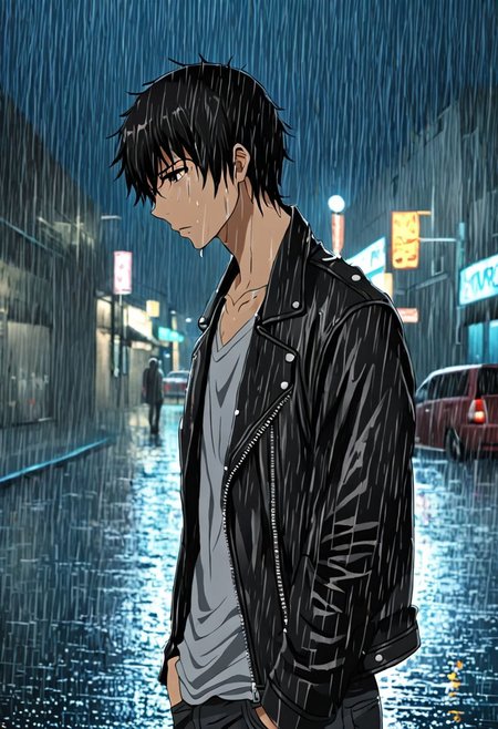 high resolution, solo, best quality, 1Boy, Kanie Seiya, Black Hair, heavy rain, downtown, night, looking down, sad, leather jacket, looking away, wet, wet hair, OverallDetail