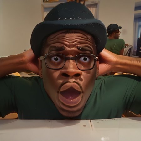 score_9, score_8_up, score_7_up, score_6_up, score_5_up, score_4_up, 
meme, eyes wide, big nostrils, thick lips, mouth agape, hands on head, BigSmoke, black eyes, dark-skinned male, facial hair, glasses, black headwear,green shirt, pants,
perfect face, perfect anatomy,
 Expressiveh,
