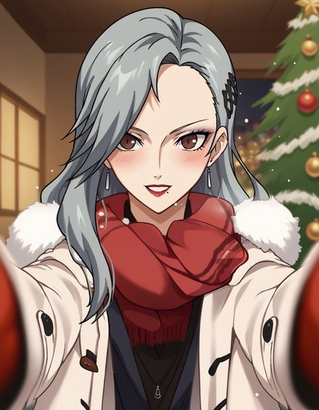 score_9, score_8_up, score_7_up, source_anime, <lora:sae-niijima-s1-ponyxl-lora-nochekaiser:1>, sae niijima, long hair, hair ornament, brown eyes, grey hair, makeup, lipstick, mole under mouth, red lips, medium breasts, mature female, anime screencap, <lora:pov-cheek-warming-ponyxl-lora-nochekaiser:1>, pov cheek warming, pov cheek warming (meme), winter gloves, duffel coat, fur-trimmed scarf, winter clothes, red mittens, meme, winter coat, red scarf, fur-trimmed coat, reaching towards viewer, reaching, mittens, fur-trimmed hood, white coat, open coat, scarf, coat, red gloves, snowing, pov, fur trim, depth of field, smile, blush,, christmas, christmas tree, christmas lights,, , dutch angle, cowboy shot