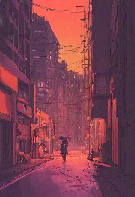 Lo-Fi background
Sketchy Lines
Limited Palette
Imperfections 
Expressive Shapes
Muted Tones
Analogous Harmony
Textured Application
Distressed Textures
Low-Tech Materials
Digital Lo-Fi
A lone figure strolled down the deserted street, their footsteps echoing softly against the pavement. The last rays of the sun dipped below the horizon, painting the sky in a mesmerizing blend of deep purple and fiery orange. The city lights began to flicker to life, casting a warm glow on the empty sidewalks and towering buildings. Every detail shimmered with a dreamlike quality, accentuated by the soft hum of distant traffic and the occasional flicker of a neon sign. This was Yofukei at its finest - a melancholic yet strangely beautiful scene where the quiet solitude of the night invited introspection and a yearning for connection amidst the urban sprawl. Every window, bathed in a warm yellow light, hinted at a story waiting to unfold, while the lone figure walking beneath the tapestry of twilight colors became a poignant reminder of the vastness of the city and the fleeting nature of moments.
Empty Street, convenience store  ,dim light street light, black anime solo, sky, cloud, indoors, pillow, no humans, window, bed, moon, curtains, building, scenery, sunset, city, sun, cityscape, bedroom, purple sky