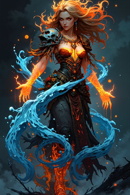 The elemental woman stands in a swirling tempest of fire and water, her very body a fusion of these opposing forces. Flames flicker along her arms, casting a warm, glowing light that fades into streams of liquid water, cascading from her fingertips. Her dress is an extraordinary blend of molten lava, shimmering with embers, and rippling waves of crystalline blue water, flowing seamlessly together in constant motion. Skulls of blackened bone rest on her shoulders, each one glowing faintly with an inner heat, while fire flowersâdelicate blossoms of flameâbloom from her wrists and neckline, their fiery petals crackling in the air. Around her waist, a belt of frozen leaves wraps tightly, the edges of each leaf glistening with frost, a stark contrast to the searing heat of the fire. Her hair, a living torrent of flames and water, flickers and flows with each movement, while a necklace made of jagged icicles and glowing embers rests against her chest, embodying the union of the elements.<lora:Anime v1.3:1.2>