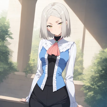 cowboy_shot,masterpiece,high score,great score,absurdres,<lora:Yukine_Mare ag4o v1:1> yukine_mare, grey hair, short hair, yellow eyes,ascot,frills,long sleeves,pants,