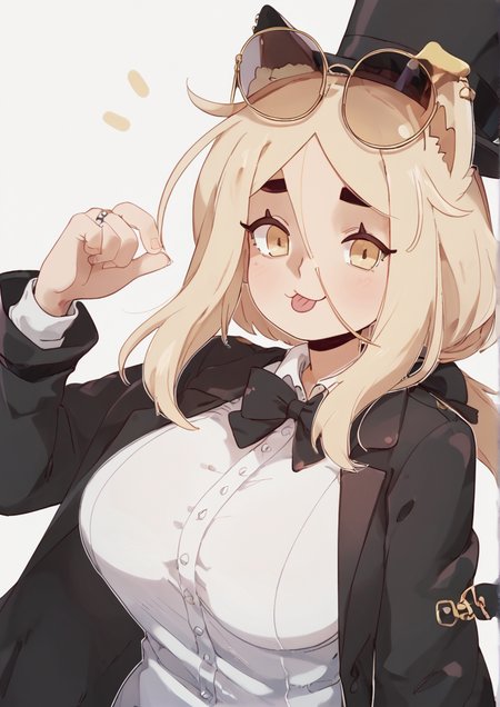 1girl, huge breast, css cat girl, :p, aura, bow, coat, dutch angle, eyewear on head, fingernails, from side, hand up, hat, hat bow, jewelry, long sleeves, looking at viewer, looking to the side, ring, round eyewear, showing, solo, sunglasses, tongue, tongue out, top hat, upper body,  <lora:bakuatsukiyu:1>